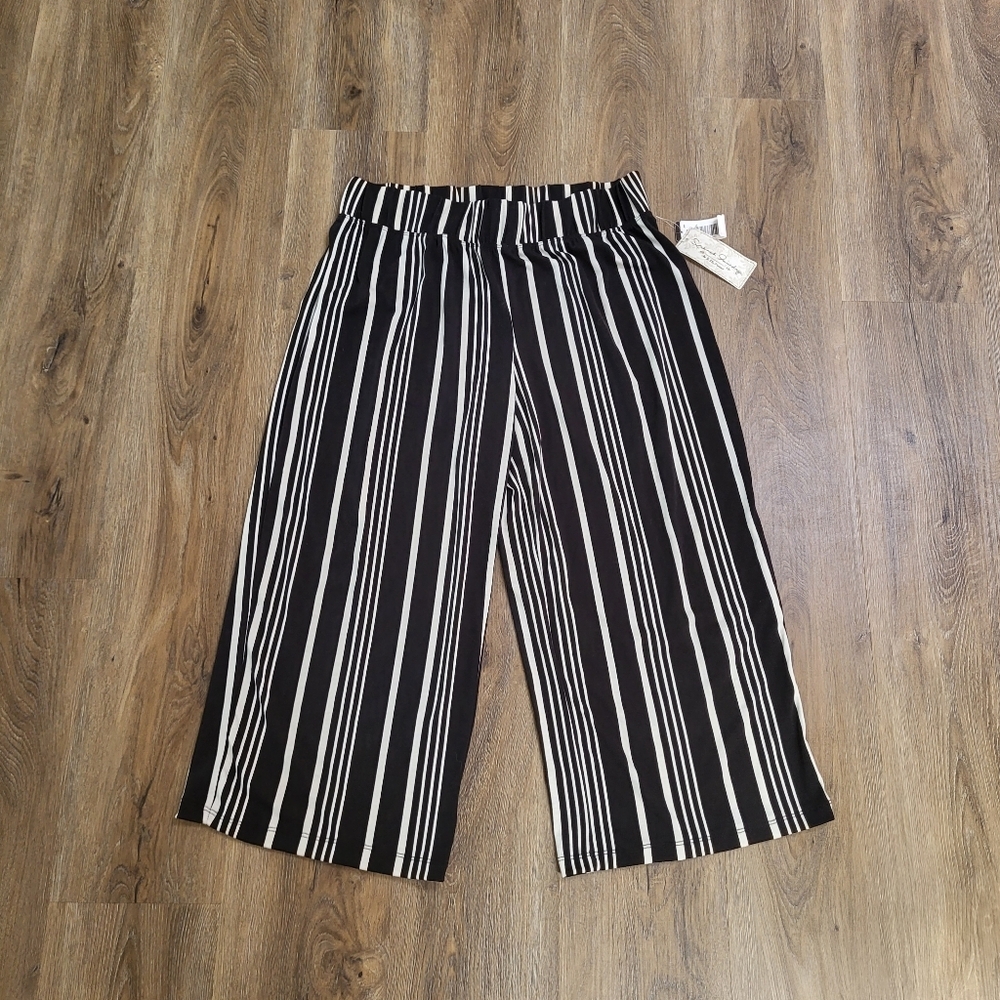 French Laundry Black & White Striped Wide Leg Cropped Pants Large Elastic Waist